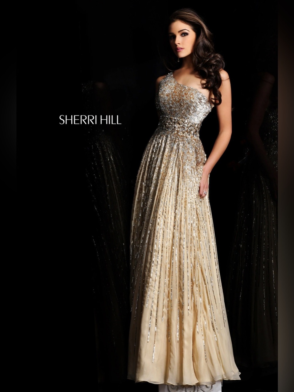 Sherri Hill Gold and Silver One-Shoulder Beaded Prom Gown